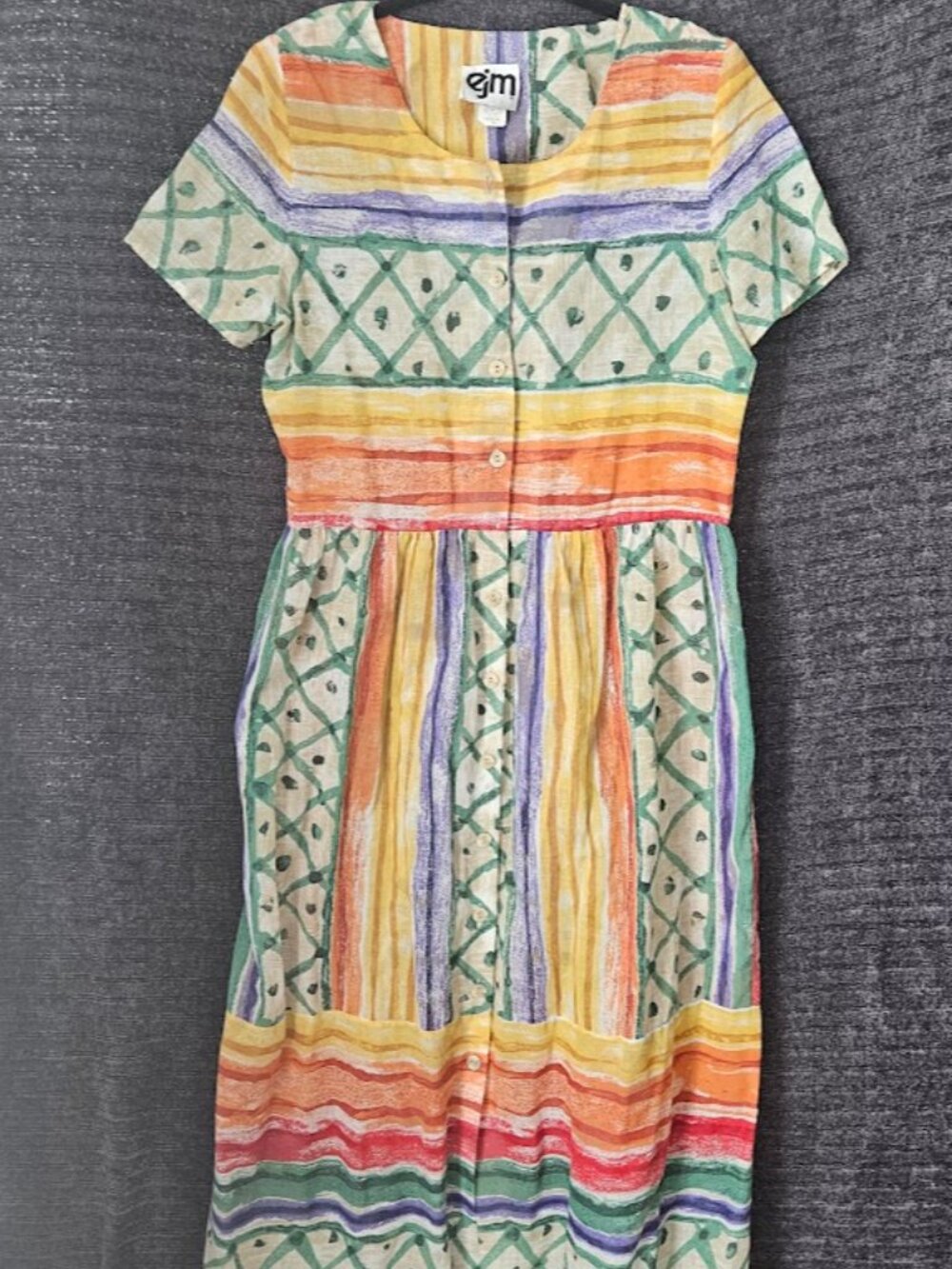 Vintage 80's Abstract Midi EJM Dress Short Sleeve Button Front Size 10 Geometric - Picture 4 of 12